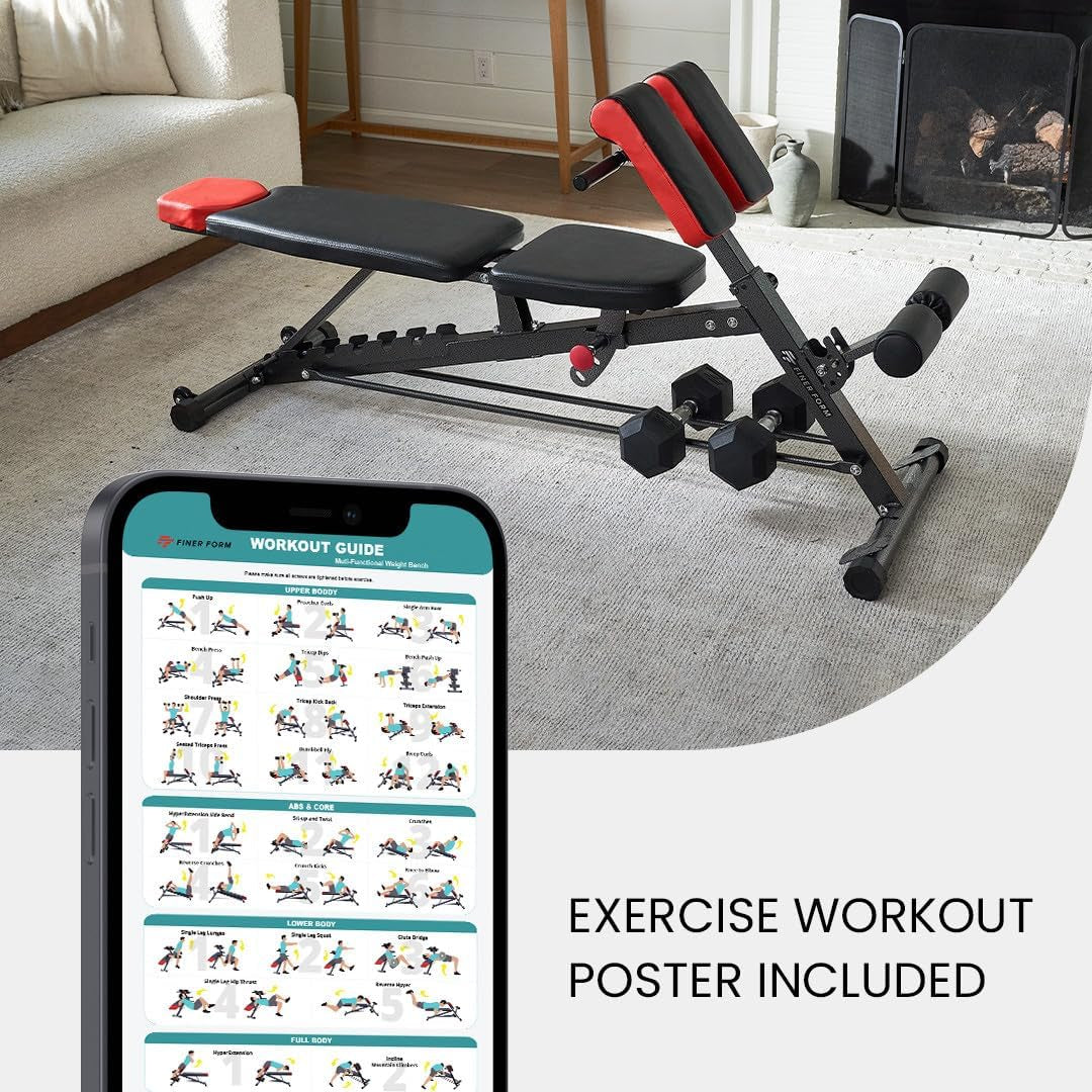 Finer Form Multi-Functional FID Weight Bench for Full All-In-One Body Workout – Hyper Back Extension, Roman Chair, Adjustable Ab Sit up Bench, Incline Decline Bench, Flat Bench